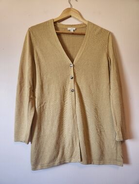 J. Jill Gold Metallic Shimmer V-Neck Cardigan EUC Size S Lagenlook Boho Granola